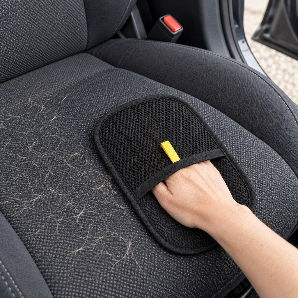 ShedLess hair remover mitt used on a black fabric car seat