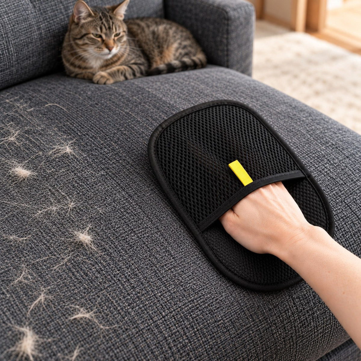 ShedLess mitt used on a charcoal sofa beside a tabby cat and visible pet hair
