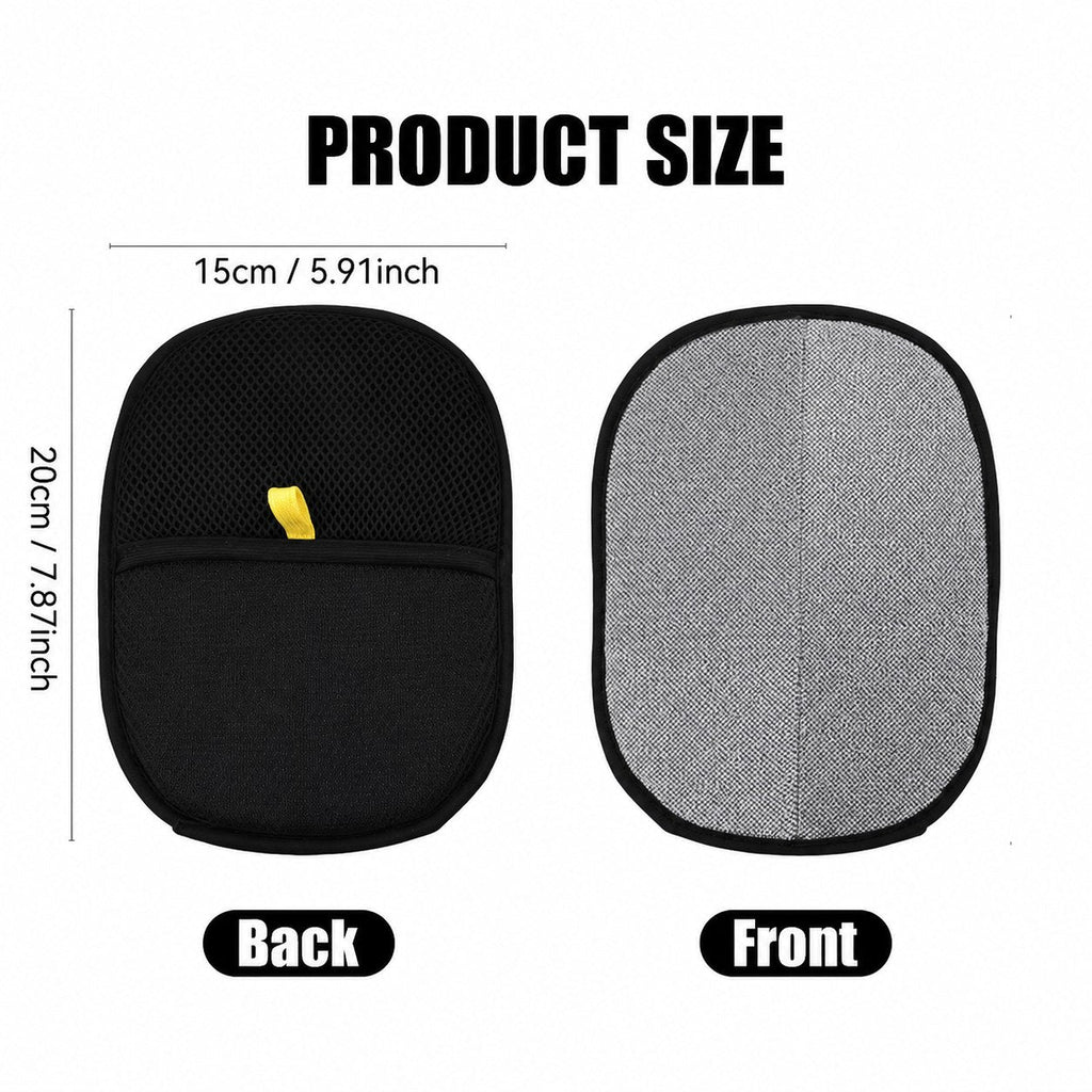 ShedLess pet hair removal mitt front and back, 15 cm wide and 20 cm tall