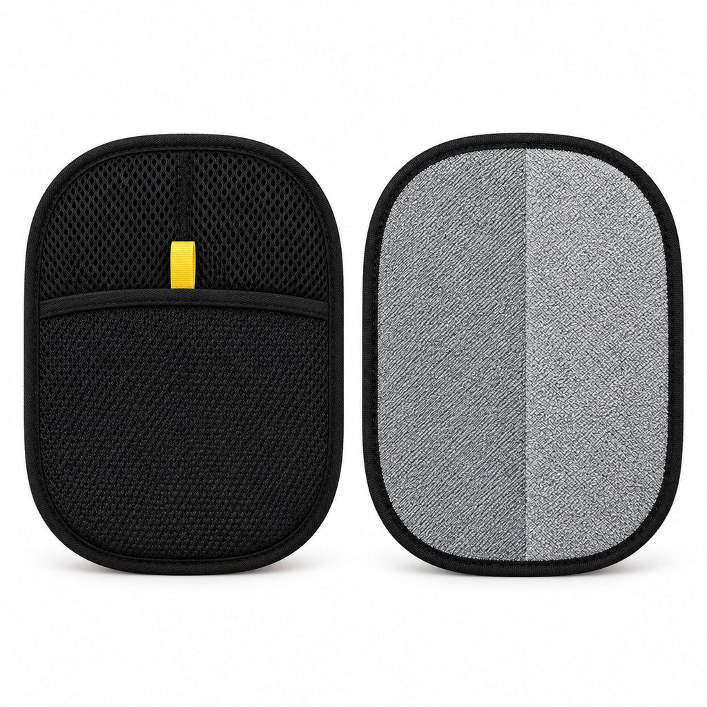 Front and back of ShedLess mitt showing gray textured cleaning side and black mesh hand pocket