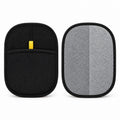 Front and back of ShedLess mitt showing gray textured cleaning side and black mesh hand pocket