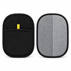 Front and back of ShedLess mitt showing gray textured cleaning side and black mesh hand pocket