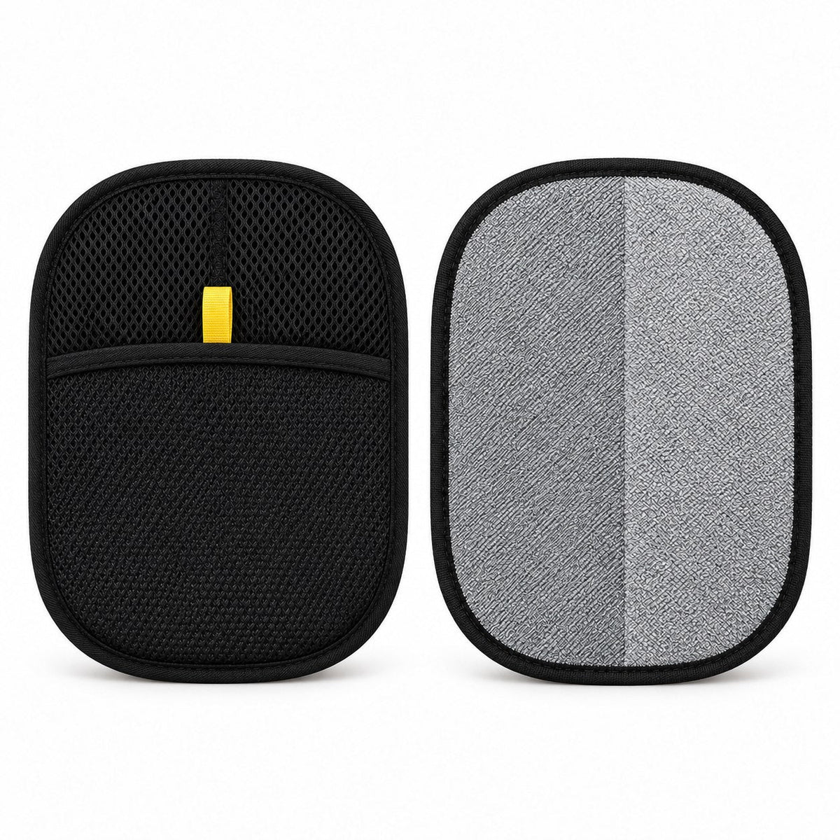 Front and back of ShedLess mitt showing gray textured cleaning side and black mesh hand pocket