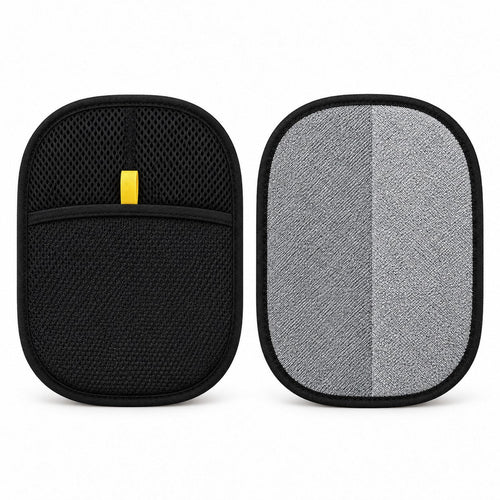 Front and back of ShedLess mitt showing gray textured cleaning side and black mesh hand pocket