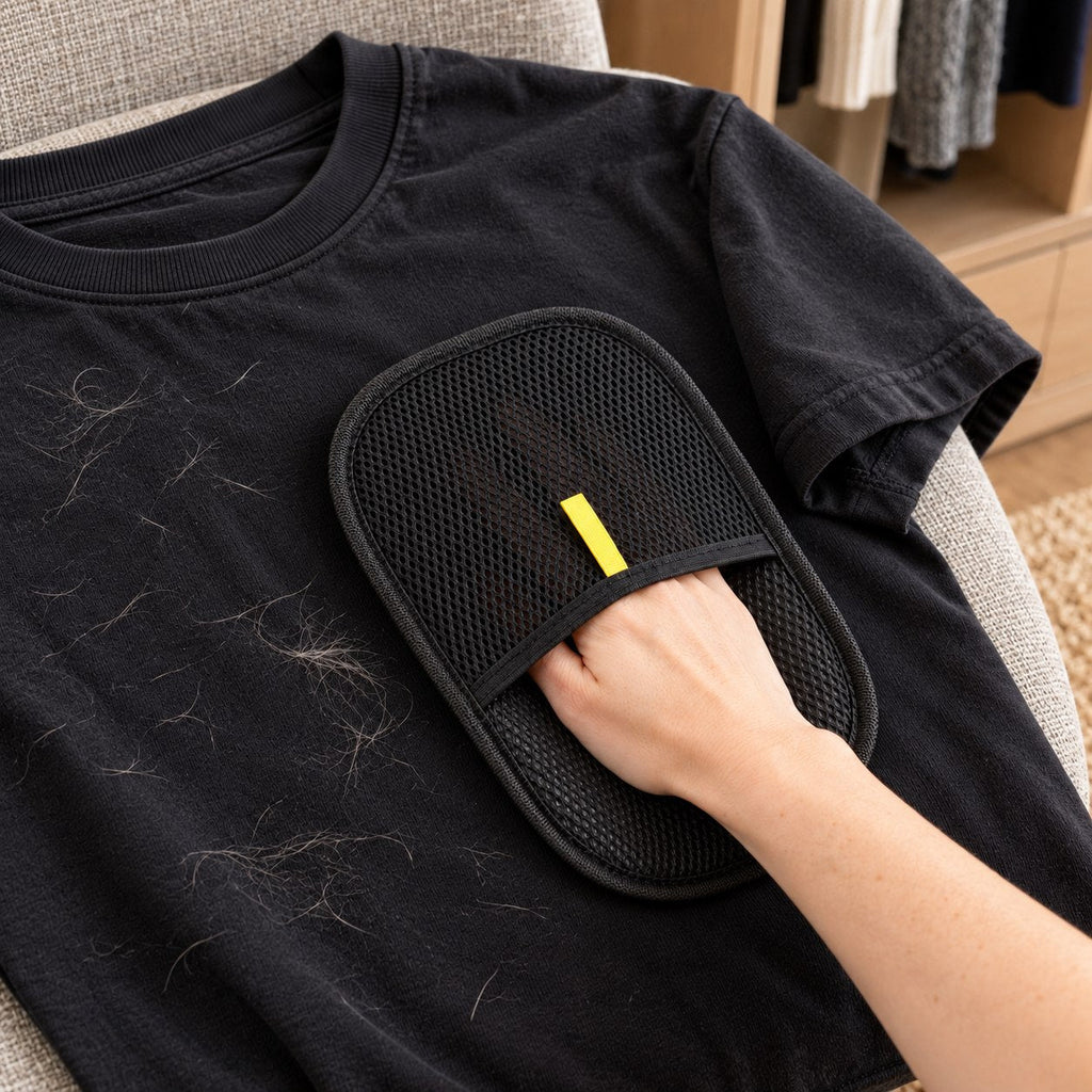 ShedLess mitt being used on a black shirt with pet hair